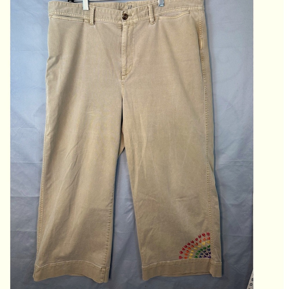 Gap High Rise Wide Leg Crop Denim Tan Rainbow Heart Embroidery Size 18 Regular